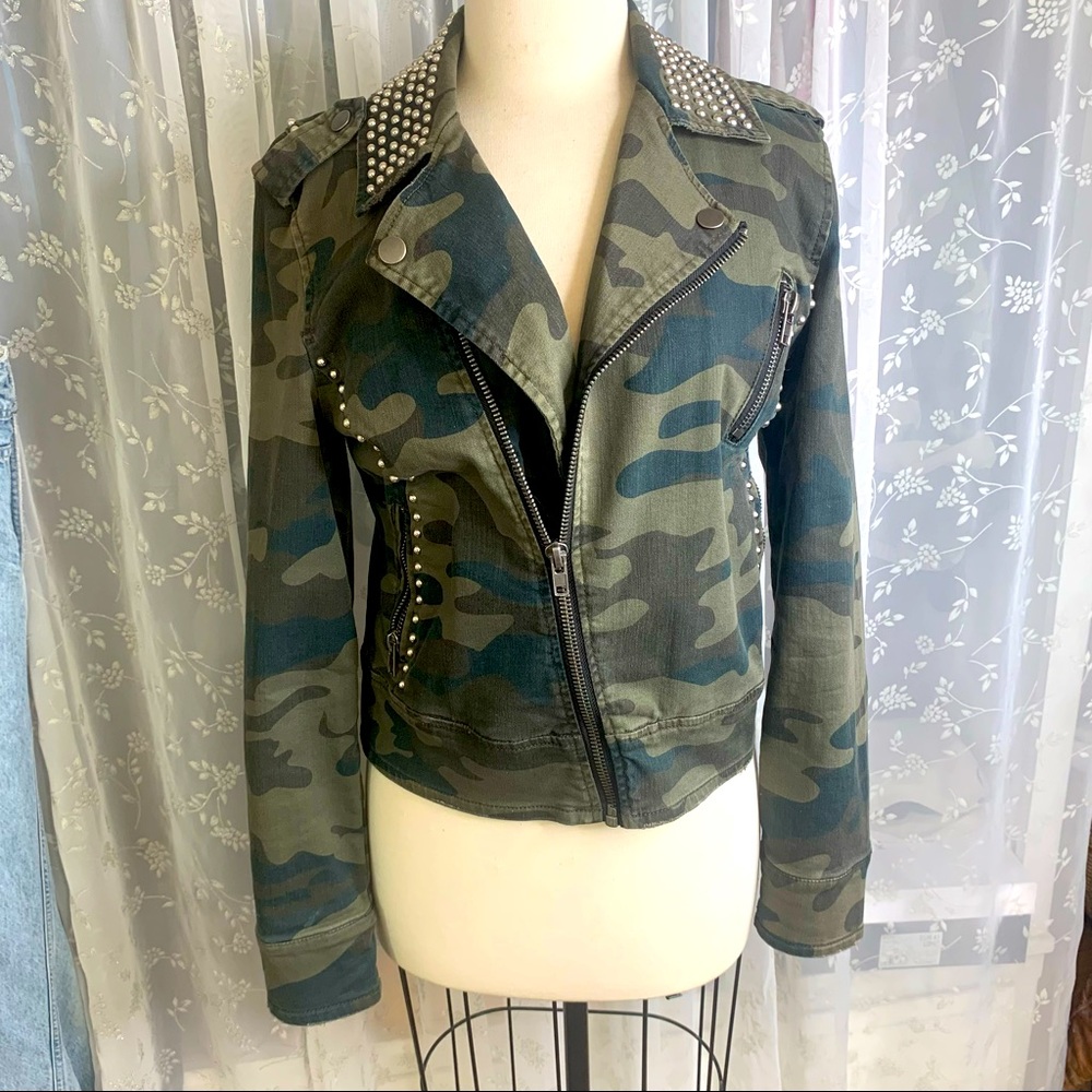 Military style silver stud embellished, camouflage biker jacket.